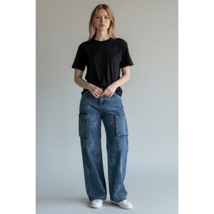 Romwe Womens XS Light Wash Cross Print Cargo Denim Pants Y2K Style